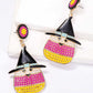 Pair of dangle earrings featuring a witch's hat and candy corn design with synthetic pearls.