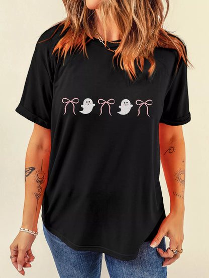 Black short-sleeve t-shirt with a Halloween ghost and bow graphic.
