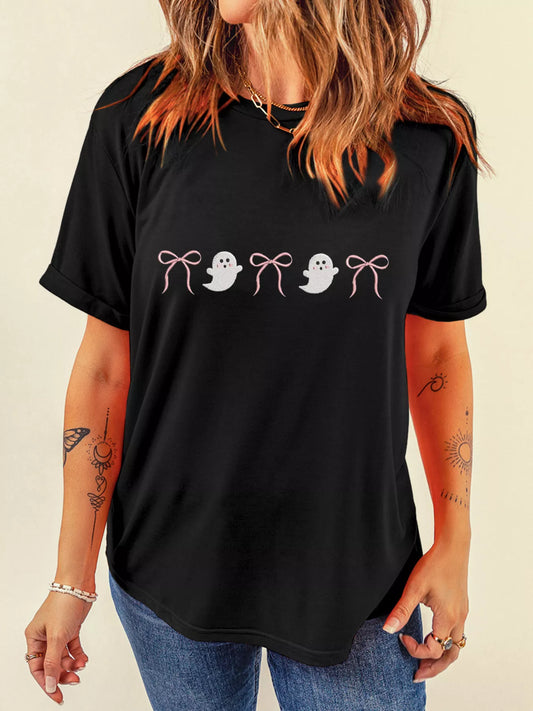 Black short-sleeve t-shirt with a Halloween ghost and bow graphic.