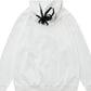 White men's oversized hoodie with a black spider graphic on the back.