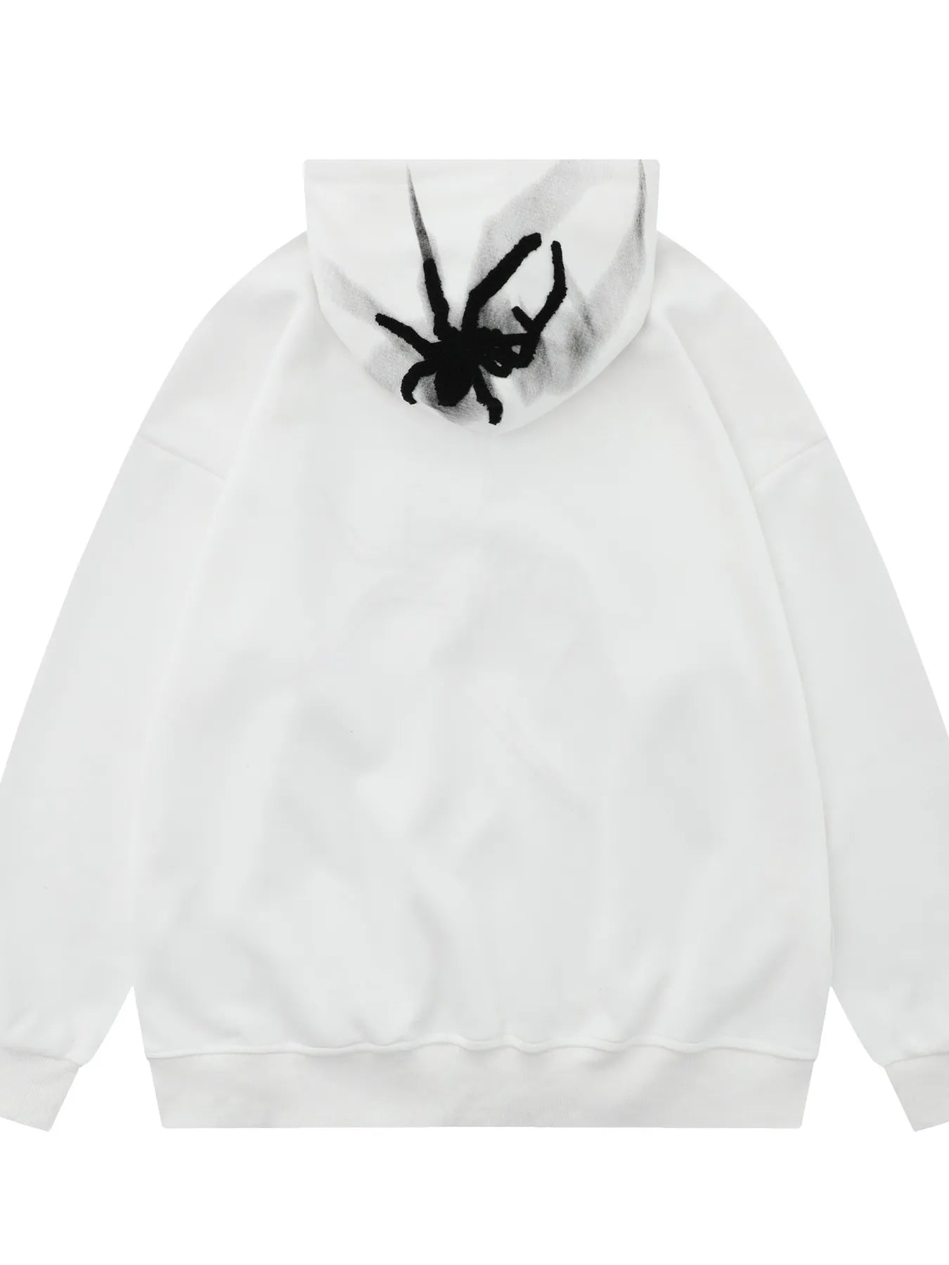 White men's oversized hoodie with a black spider graphic on the back.