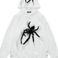 Men's white oversized hoodie with a black spider graphic and side button details.
