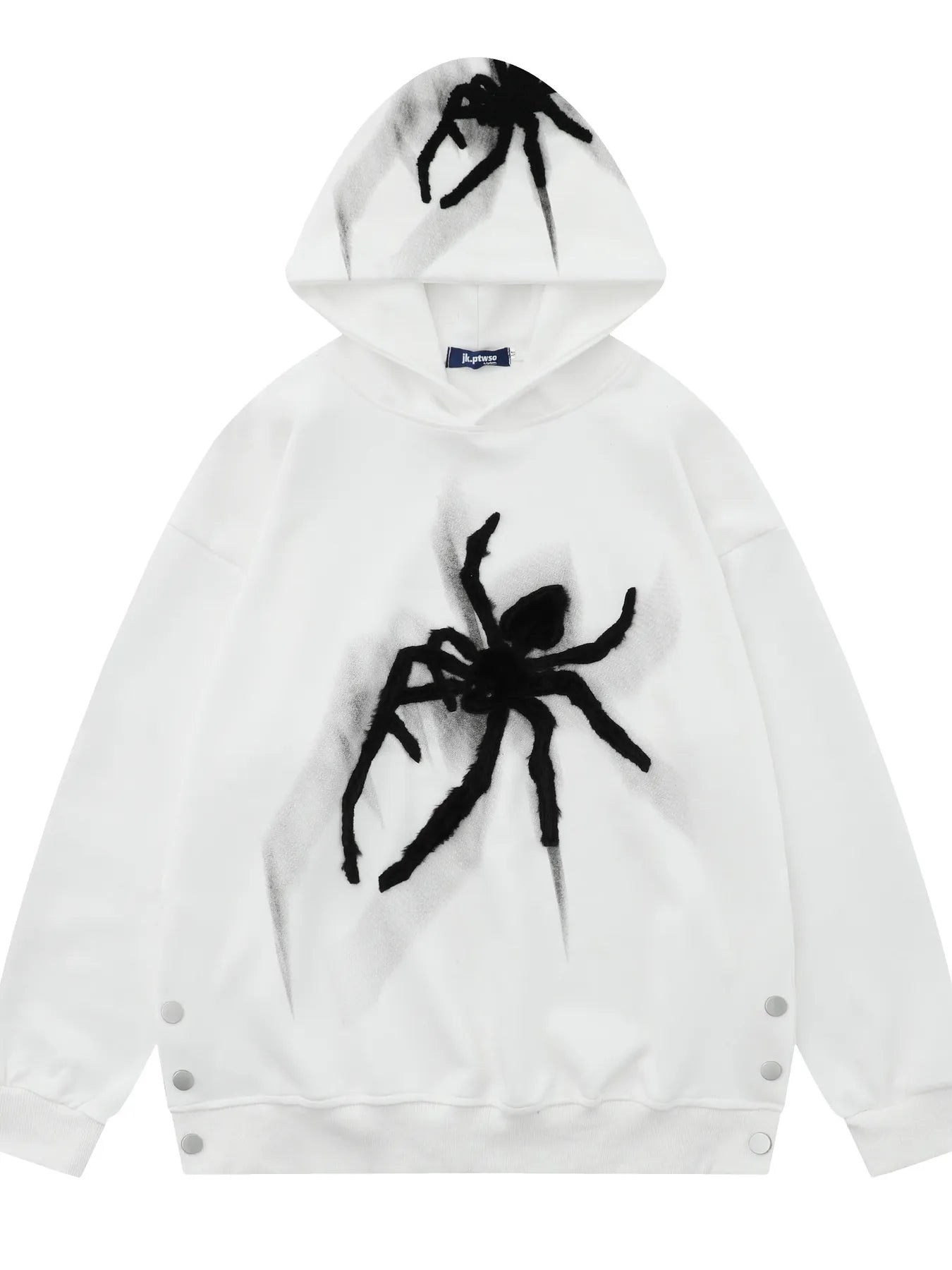 Men's white oversized hoodie with a black spider graphic and side button details.