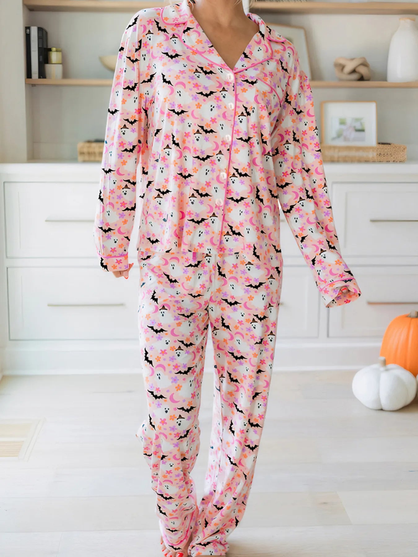 Halloween ghost print button-up top and pants lounge set.