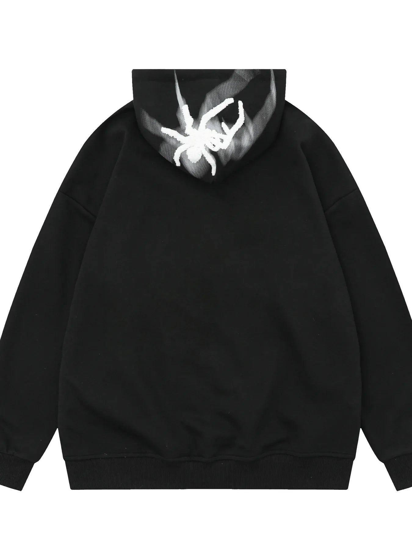 Black oversized men's hoodie with a white spider graphic on the back of the hood.