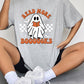Gray short-sleeve t-shirt with a ghost graphic reading a book.