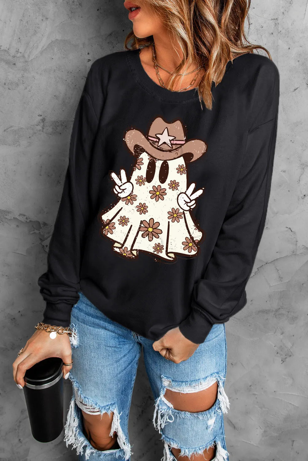 Ghost Round Neck Long Sleeve Sweatshirt with a cowboy hat and peace signs.
