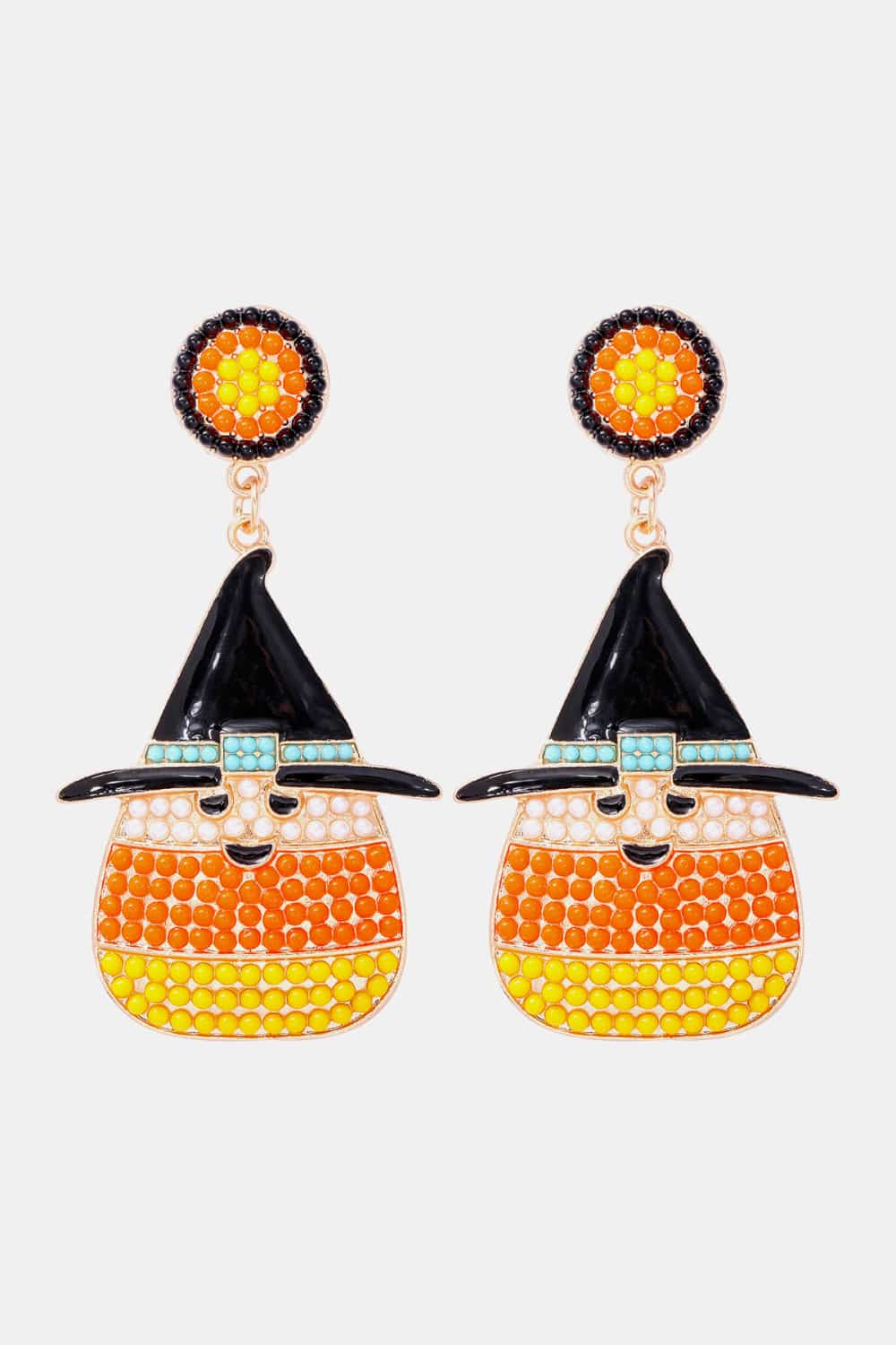 Witch's hat shape synthetic pearl dangle earrings.