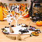 Three Halloween-themed wooden hanging widgets with tassels, featuring a ghost, bat, and pumpkin.