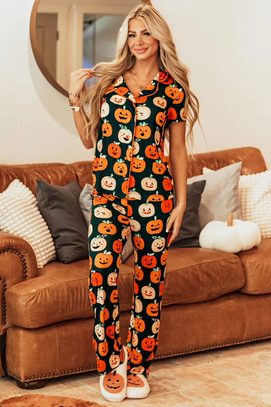 Pumpkin printed short sleeve top and pants lounge set.
