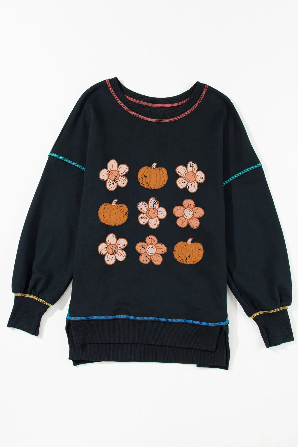 Black long-sleeve sweatshirt with pumpkin and flower graphics.