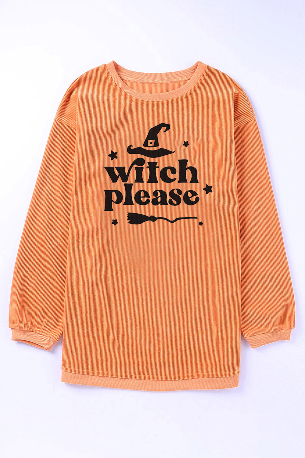 Orange corduroy sweatshirt with "Witch Please" graphic and witch hat.