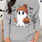 Halloween Ghost Round Neck Sweatshirt with a ghost wearing a beanie, holding a drink and pumpkin.