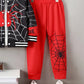 A black and red Spider-Man themed top and pants set with white sneakers.