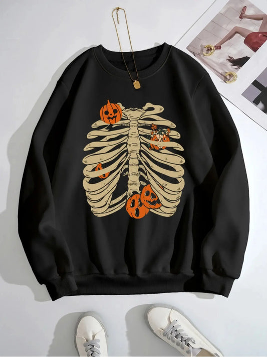 Black long sleeve sweatshirt with a skeleton rib cage and pumpkin design.