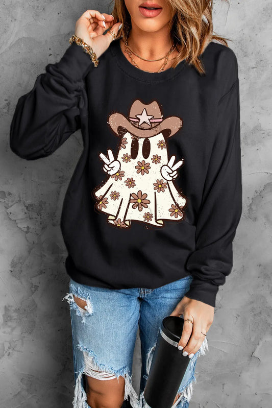Black long-sleeve sweatshirt with a ghost wearing a cowboy hat and floral print.