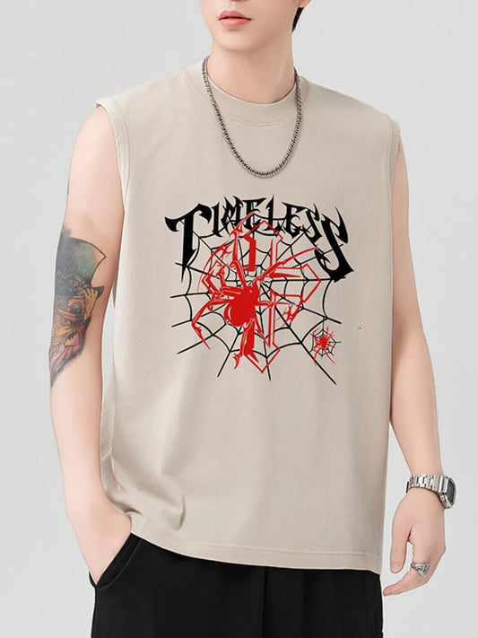 Men's beige spider graphic tank top with a round neck.