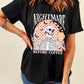 Black tee with a skeleton holding coffee and "NIGHTMARE BEFORE COFFEE" text.