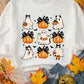 White long-sleeve sweatshirt with a Halloween ghost and pumpkin print.
