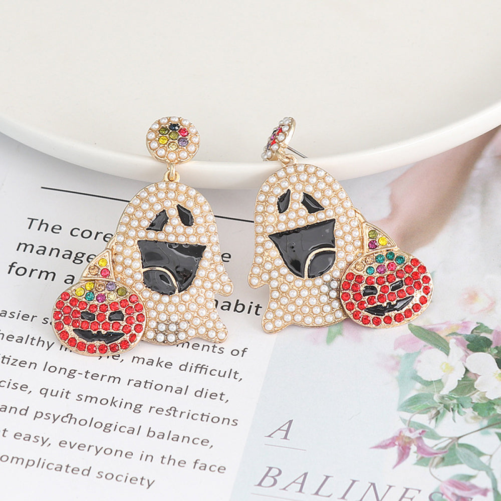 Ghost-shaped alloy earrings with rhinestone and pearl embellishments.