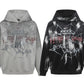 Two men's gothic spider web graffiti print hoodies, one gray and one black.