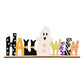 A wooden Halloween sign spells out "Halloween" with a ghost in place of the "O".