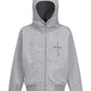 Gray men's zip-up hoodie with devil horns on the hood and a chest graphic.