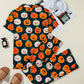 A dark green pumpkin-printed short sleeve top and pants lounge set is displayed.