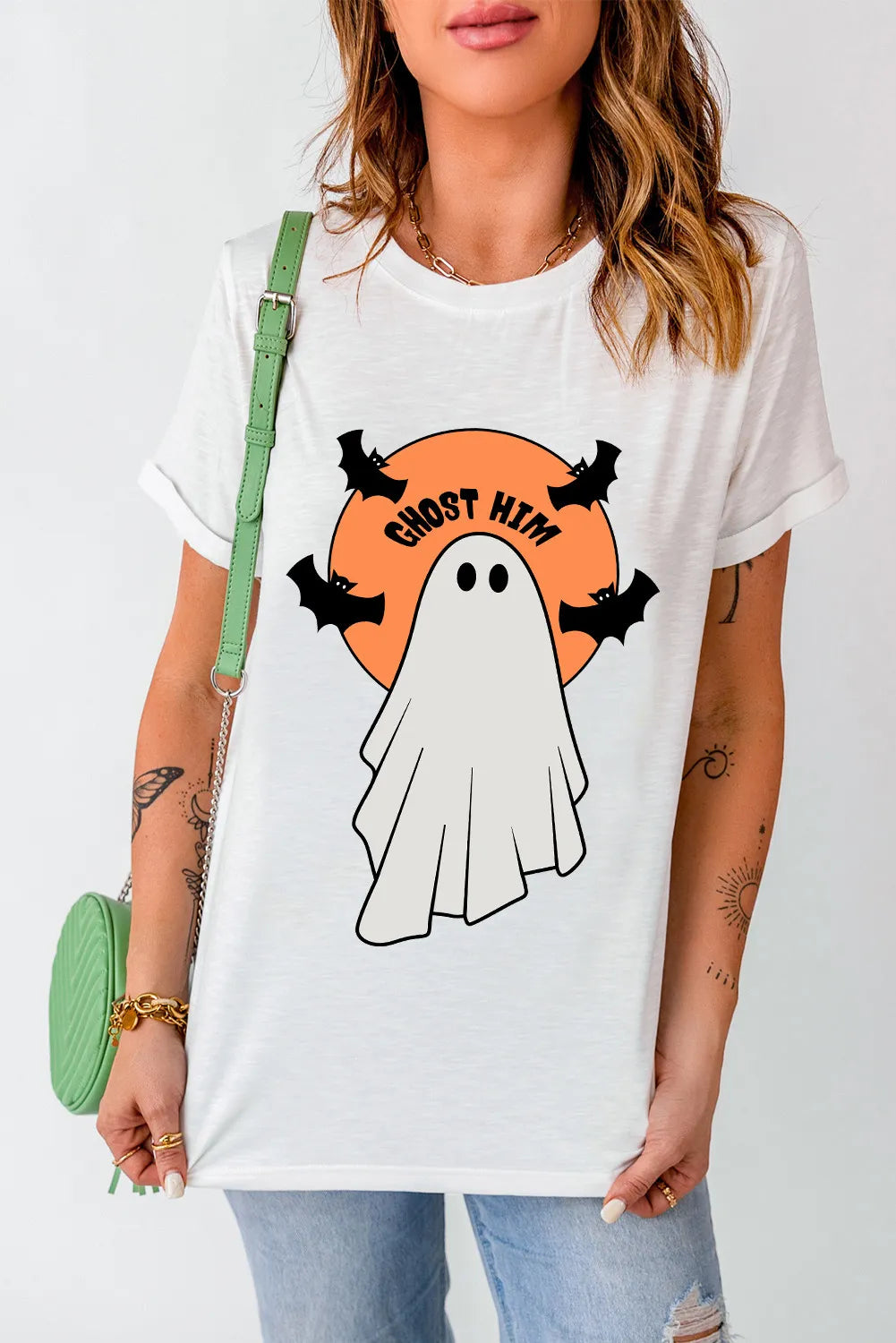 White short-sleeve t-shirt with a ghost and "GHOST HIM" graphic.