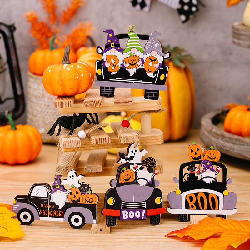 Four Halloween-themed car-shaped hanging widgets featuring gnomes, pumpkins, and ghosts.