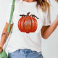 White short-sleeve t-shirt with a full-size sequin pumpkin design.