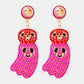 Pair of Halloween ghost shape dangle earrings with red and pink rhinestones.