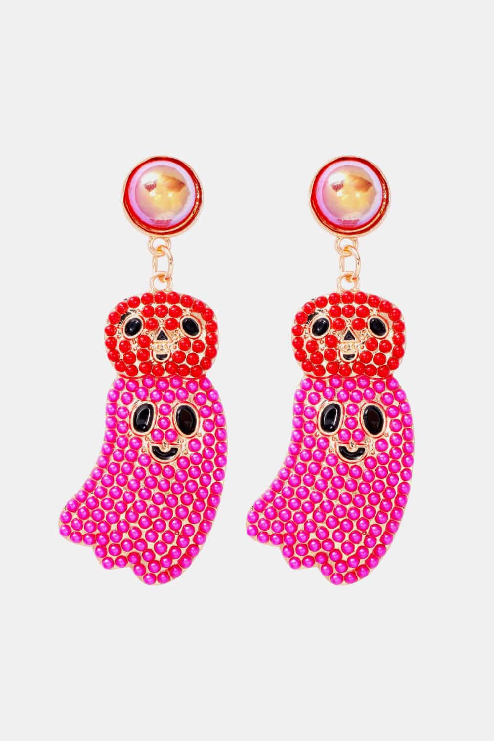 Pair of Halloween ghost shape dangle earrings with red and pink rhinestones.