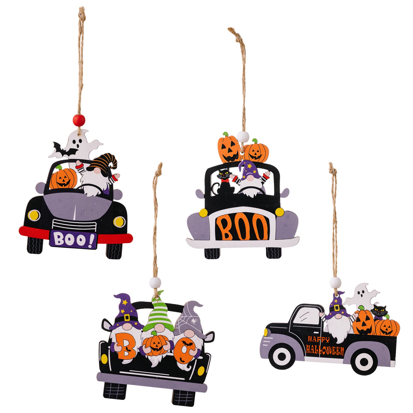 Four Halloween-themed car-shaped wooden hanging decorations with gnomes, pumpkins, and ghosts.