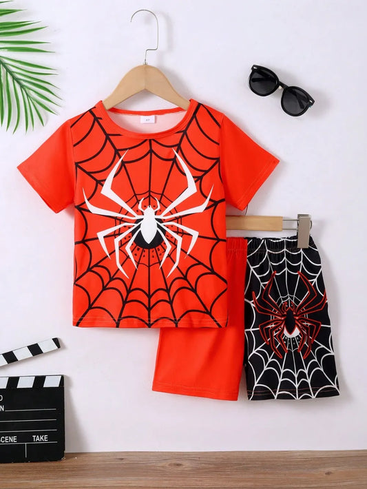 Children's red and black spider-themed short sleeve t-shirt and shorts set.