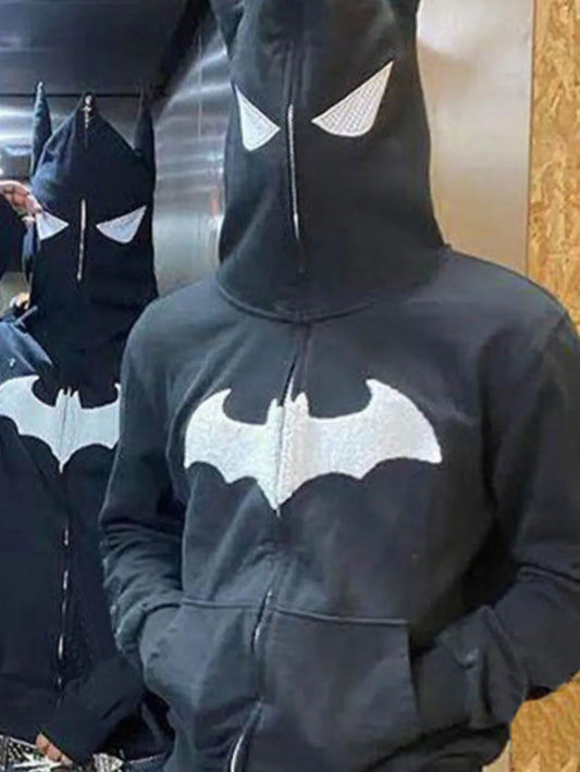 Men's black zip-up hoodie with a white embroidered bat logo and pointed hood.
