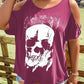 Plus size cold shoulder t-shirt with a white skeleton graphic on a maroon background.