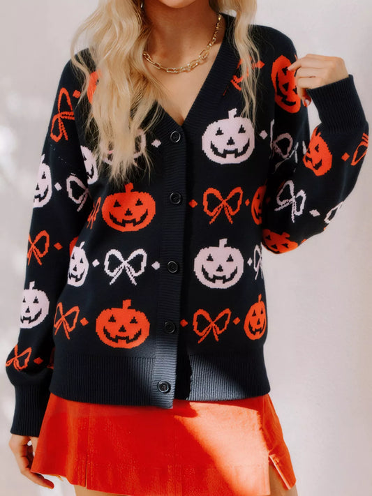Halloween Pumpkin Pattern Button-Up Cardigan with orange and white pumpkins and bows.