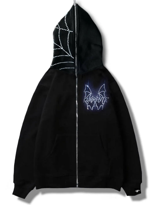 Black men's rhinestone bat zip-up hoodie with a spiderweb design on the hood.