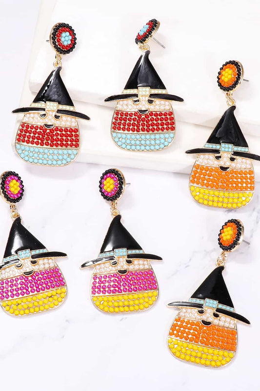 Six pairs of witch's hat-shaped dangle earrings with colorful synthetic pearls.
