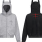 Two men's devil horn zip-up hoodies, one gray and one black, are shown.