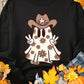 Black long-sleeve sweatshirt with a ghost wearing a cowboy hat and making peace signs.
