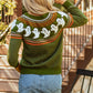 Ghost Round Neck Long Sleeve Sweater in green with white ghost pattern.
