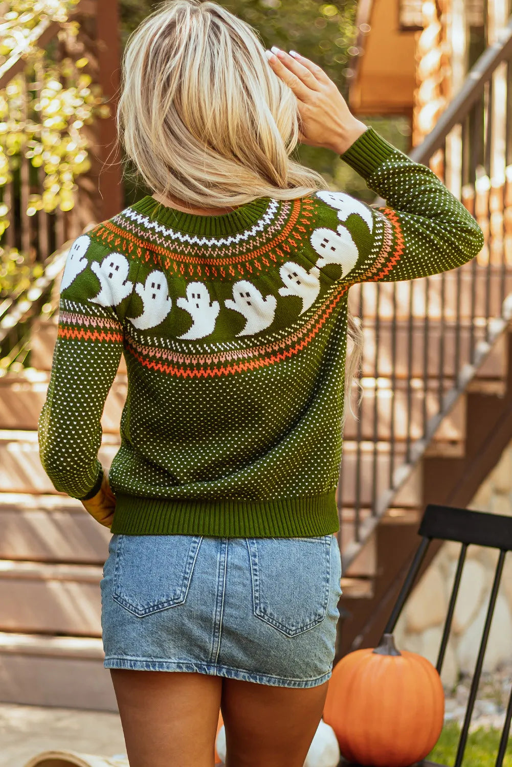 Ghost Round Neck Long Sleeve Sweater in green with white ghost pattern.
