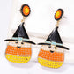 Witch's hat shape synthetic pearl dangle earrings with orange and yellow beads.
