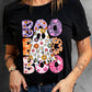 Black short-sleeve t-shirt with a colorful "BOO" ghost graphic.