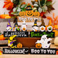 Assorted Halloween ornaments featuring gnomes, pumpkins, and ghosts on wooden blocks.