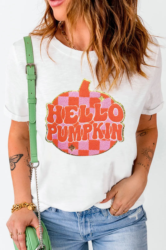 Pumpkin Round Neck Short Sleeve T-Shirt with "HELLO PUMPKIN" graphic.