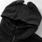 Men's black zip-up hoodie with devil horns on the hood.