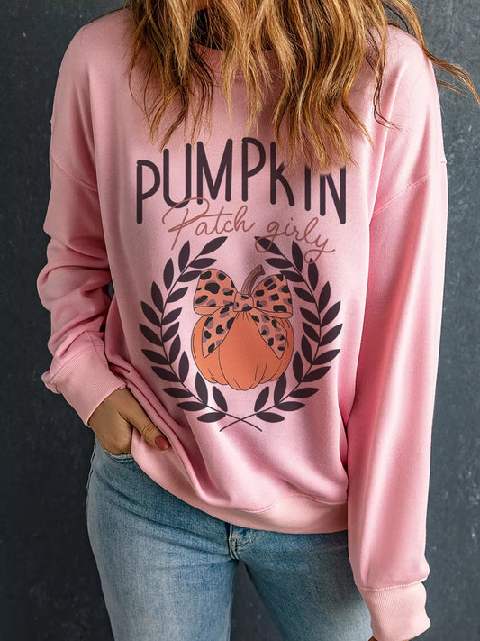 Pink sweatshirt with "Pumpkin Patch Girly" text and a pumpkin with a leopard bow.